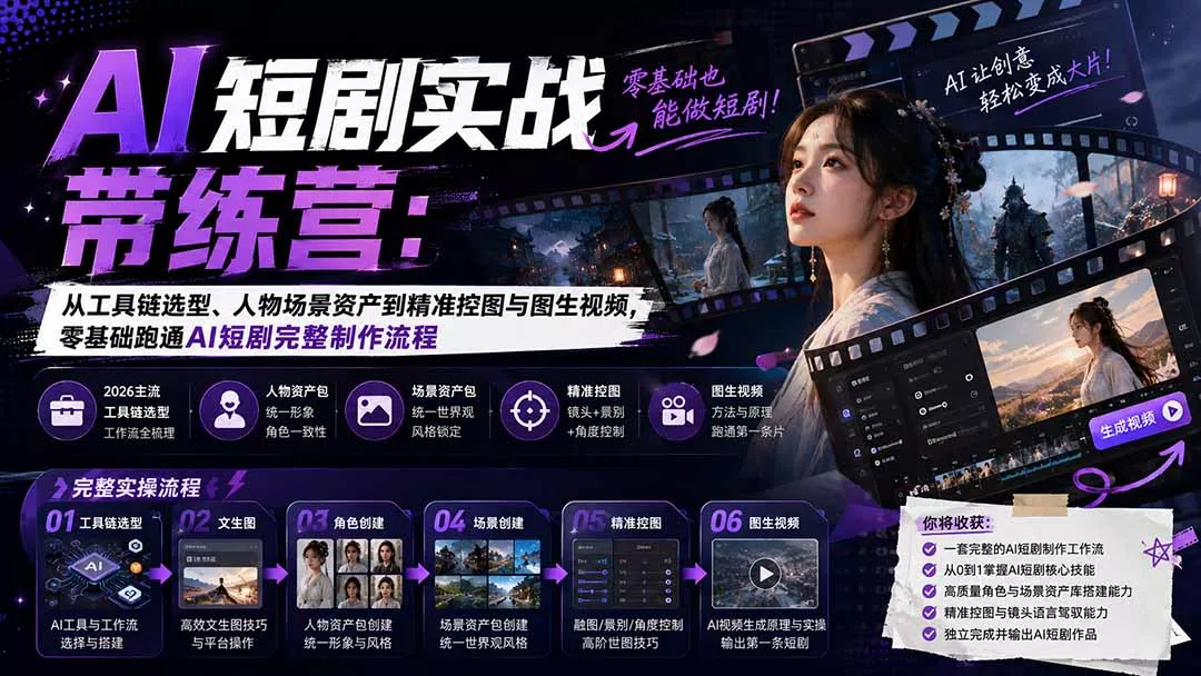 AI短剧实战训练营：从工具链选型、人物场景资产到精准控图与图生视频，零基础跑通AI短剧完整制作流程 - 来及网络