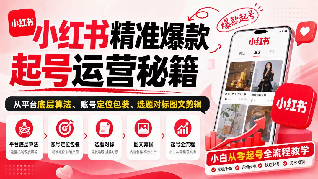 小红书精准爆款起号运营秘籍，从平台底层算法、账号定位包装、选题对标图文剪辑，小白从零起号全流程 - 来及网络