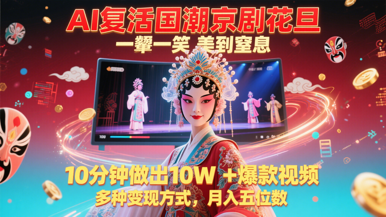 AI复活国潮京剧花旦，一颦一笑美到窒息，10分钟做出10W+爆款视频，多种变现方式，… - 来及网络