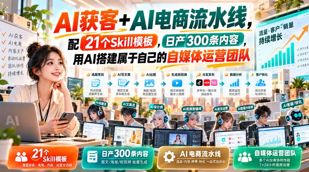 AI获客+AI电商流水线，配21个Skill模板，日产300条内容，用AI搭建属于自己的自媒体运营团队 - 来及网络