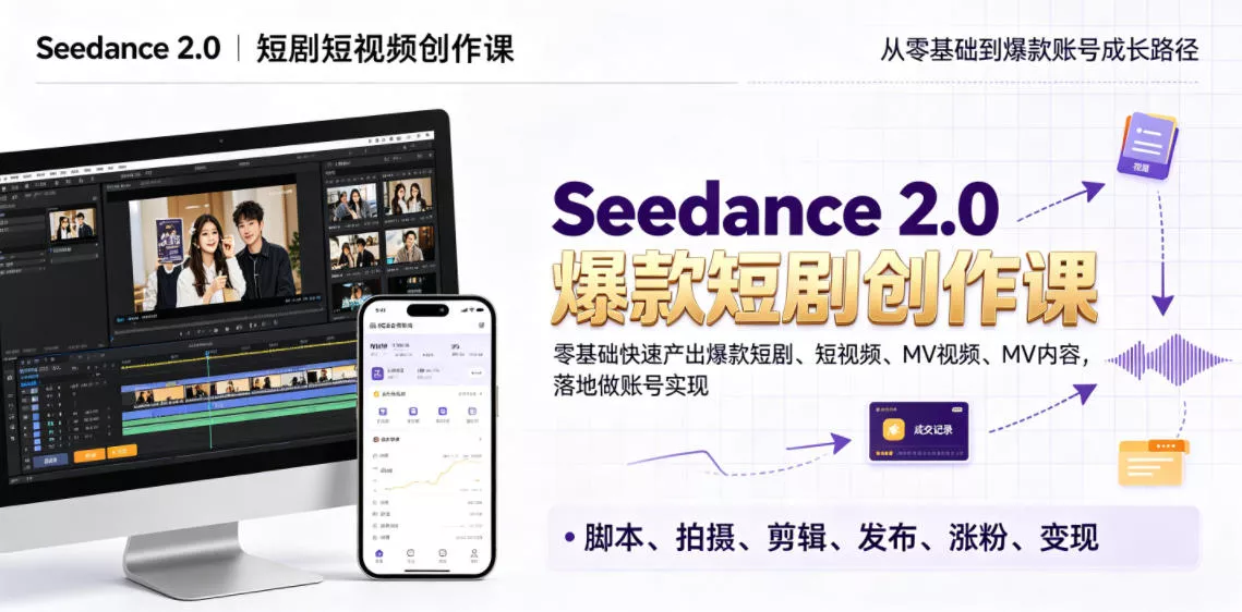 Seedance 2.0短剧短视频创作课，零基础快速产出爆款短剧、短视频、MV内容，落地做账号实现变现 - 来及网络