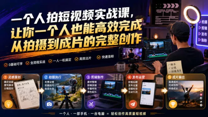 一个人拍短视频实战课，让你一个人也能高效完成从拍摄到成片的完整创作 - 来及网络