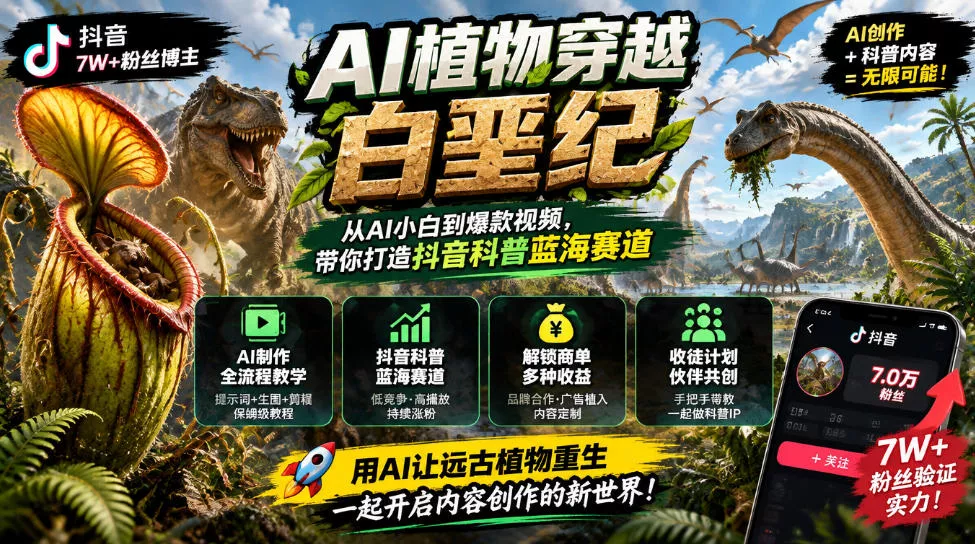 抖音7W粉丝博主的AI植物穿越白垩纪教学，抖音科普蓝海赛道，解锁商单收徒伙伴计划等多种收益 - 来及网络