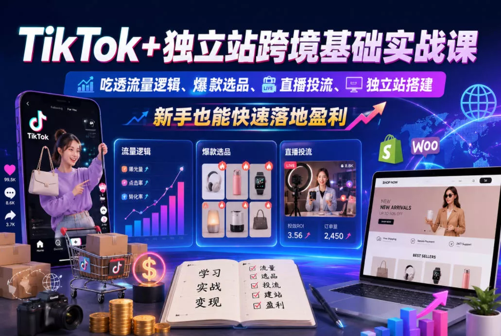 TikTok+独立站跨境基础实战课，吃透流量逻辑、爆款选品、直播投流与独立站搭建，新手也能快速落地盈利 - 来及网络