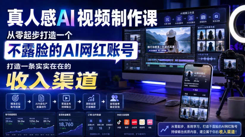 真人感AI视频制作课，从零起步打造一个不露脸的AI网红账号，打造一条实实在在的收入渠道【原创双语字幕】 - 来及网络